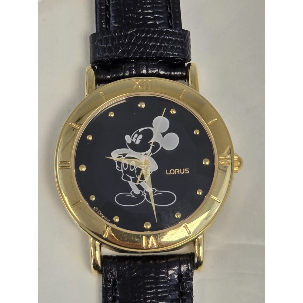 LORUS DISNEY MICKEY MOUSE BLACK DIAL GOLD TONE QUARTZ WATCH LEATHER STRAP NWT